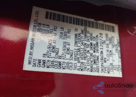 2008 Nissan Quest 3.5 Sl z USA, uszkodzony, nr VIN 5N1BV28U28N120728